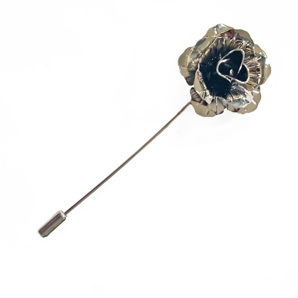 Mens 3D Metal Rose Lapel Pin Brooch Silver